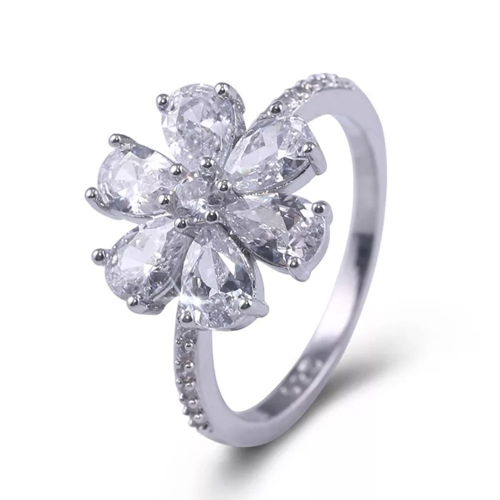 🎁925 Silver Plated White CZ Pear-shaped Flower Ring, GPMB1446-8 - Picture 3 of 10